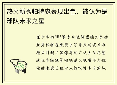 热火新秀帕特森表现出色，被认为是球队未来之星
